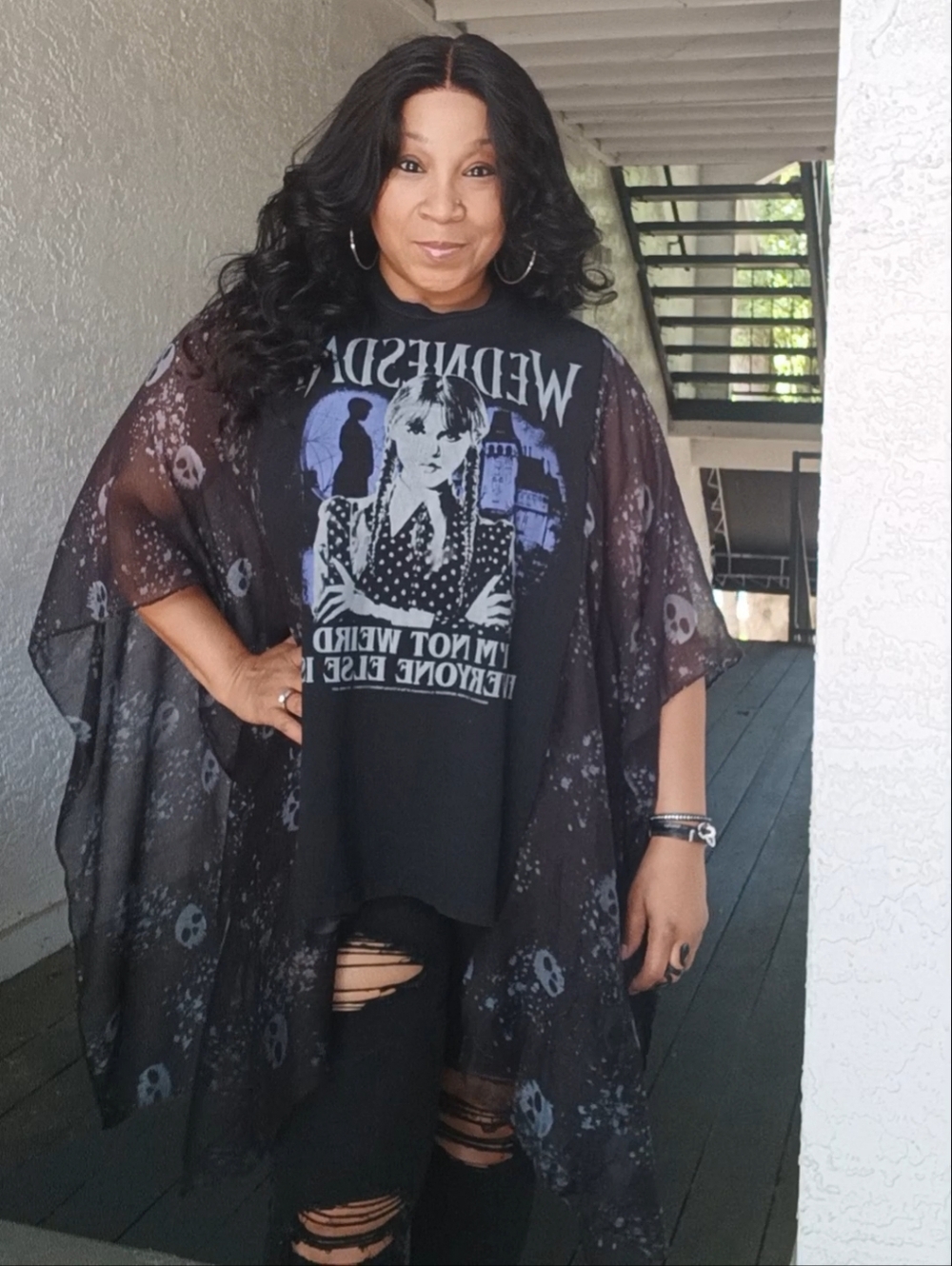 Upcycled Wednesday Graphic Tshirt Poncho - Picture 11 of 12